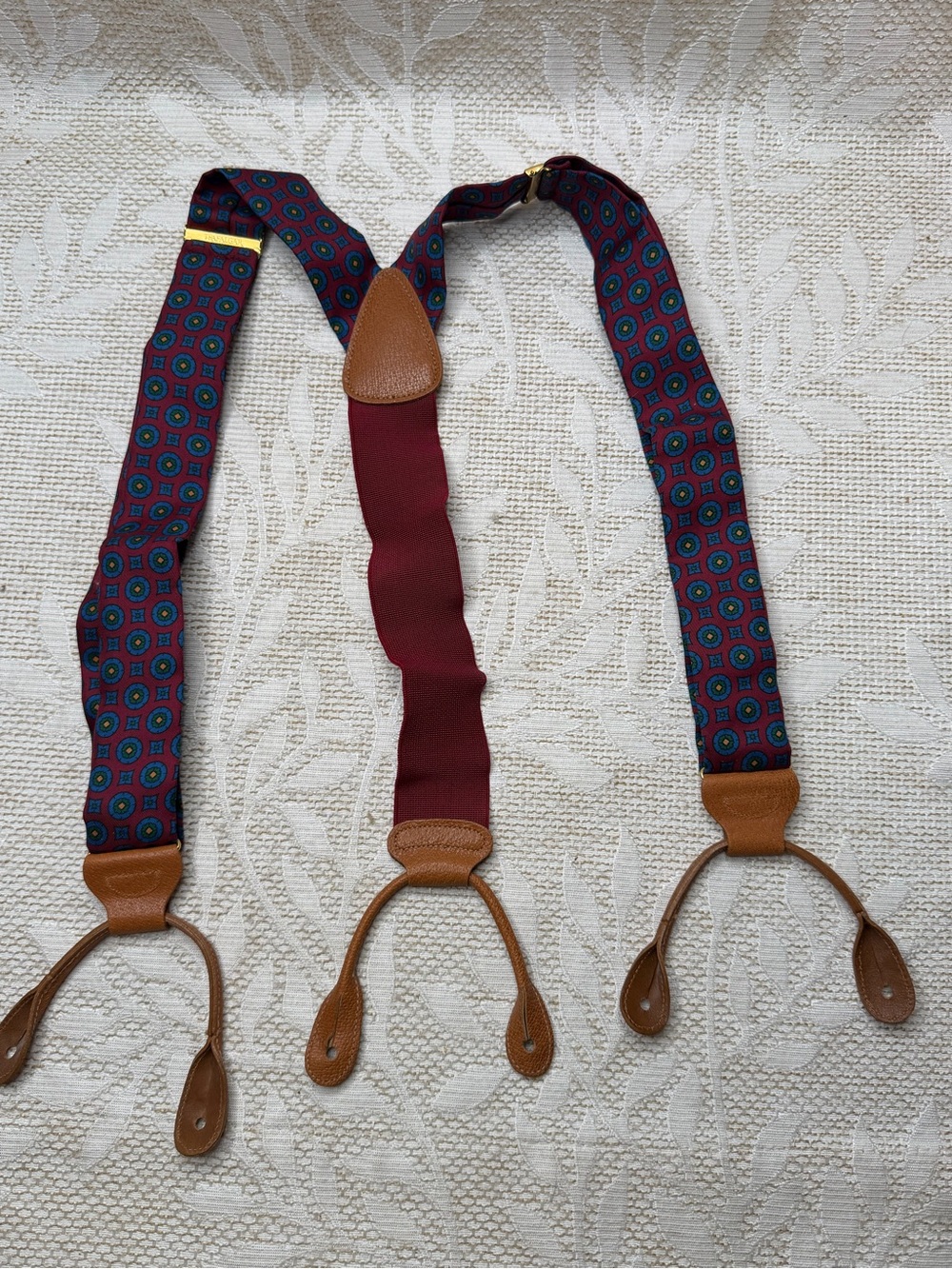 vintage Trafalgar England silk suspenders Geometric pattern Tan Leather Trim